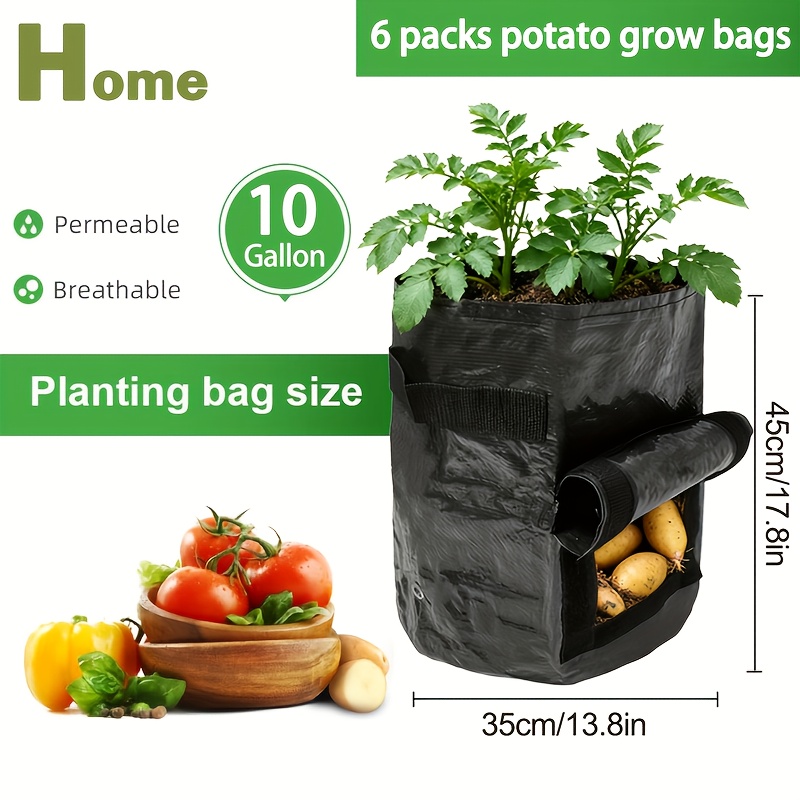 TEMU 6 st 10 Gallon 7 Gallon 5 Gallon 3 Gallon 1 Gallon PE Odlingspåsar med Skördefönster, Kraftiga Utomhuskrukor Förstärkt Handtag