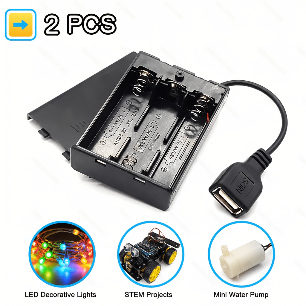 TEMU Boîtier à piles 2/5 pièces, boîtier porte-piles 3*AA avec couvercle et interrupteur marche/arrêt, port de sortie USB , boîtier à piles AA 4,5V