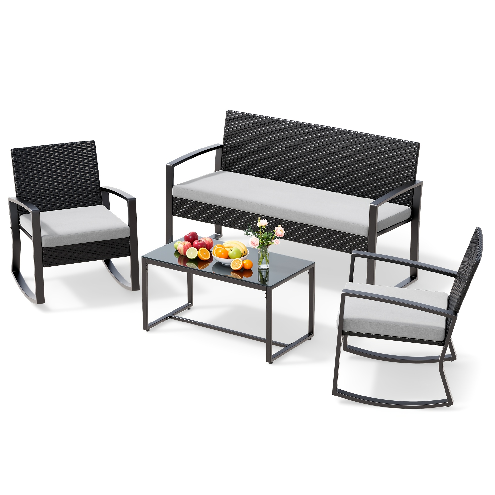 4pcs Outdoor Seating Arrangement, Garden Furniture For 4 Individuals, Featuring 2 Armchairs, 1 Bench, And 1 Table, Perfect For Gardens, , And Patio Lounging