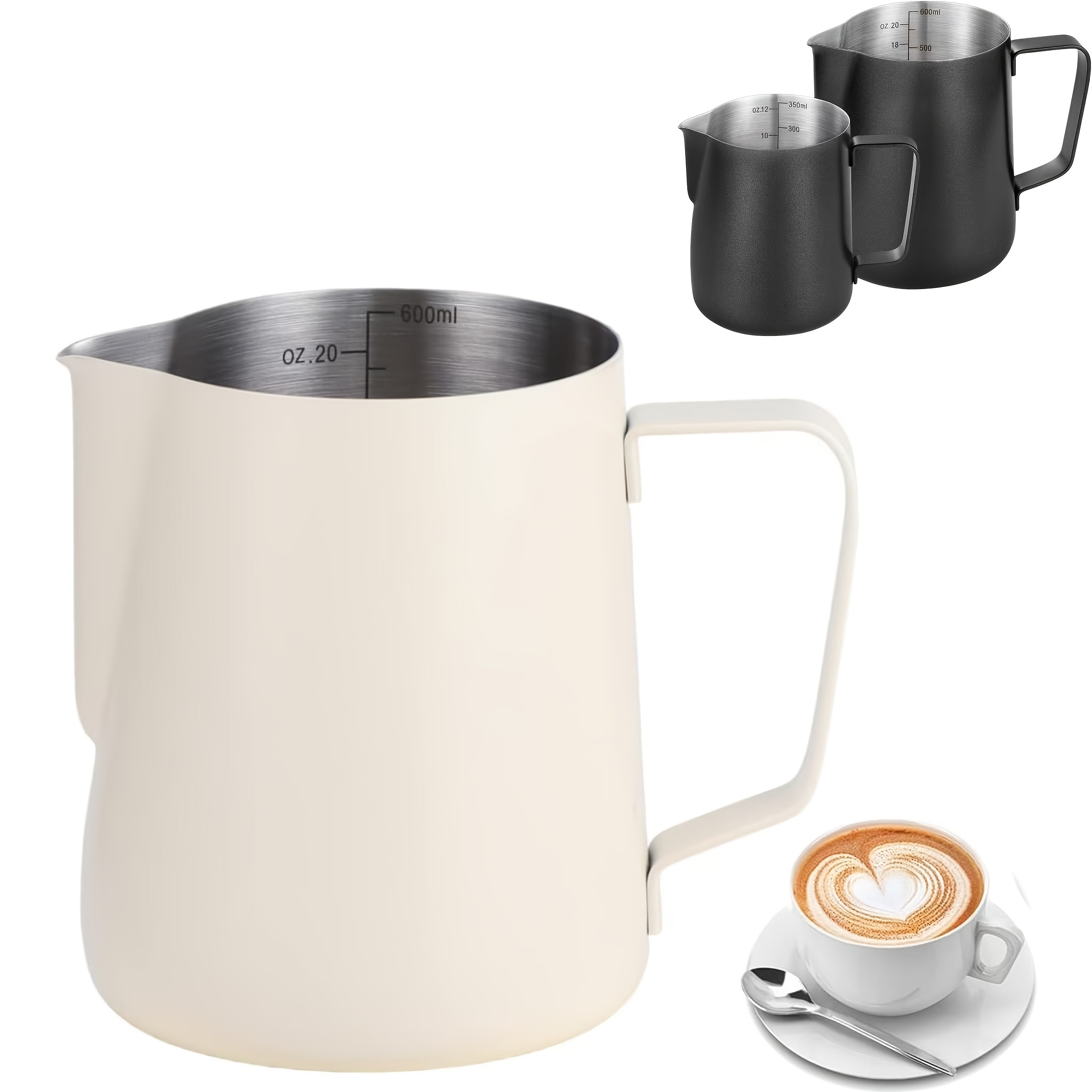 

Pichet à Mousse de Lait en Acier Inoxydable Premium - 12oz/20oz, Tasse à Café Épaissie 304 pour Machines à Espresso (Blanc)