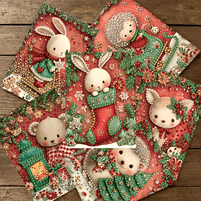 TEMU 6pcs Diy Handmade Rhinestone Greeting Card & Craft Kit With 6 Matching Envelopes & Set Suitable For Christmas, New Year Cards, Animal-themed