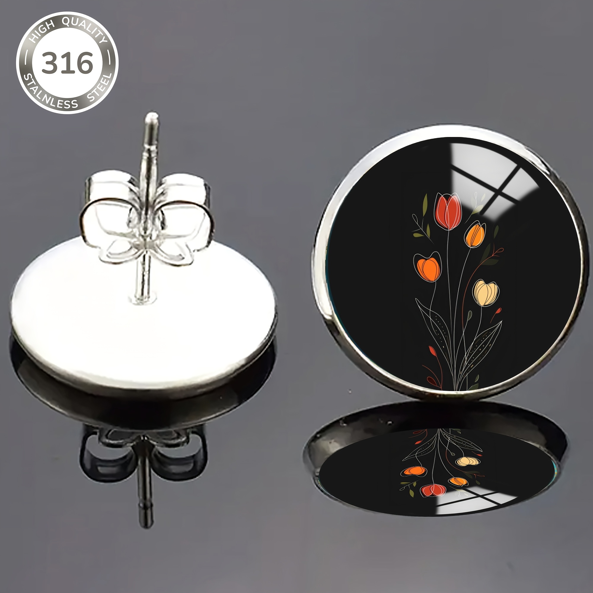 316 Stainless Steel Four-Tulip Pattern Stud Earrings, Unisex