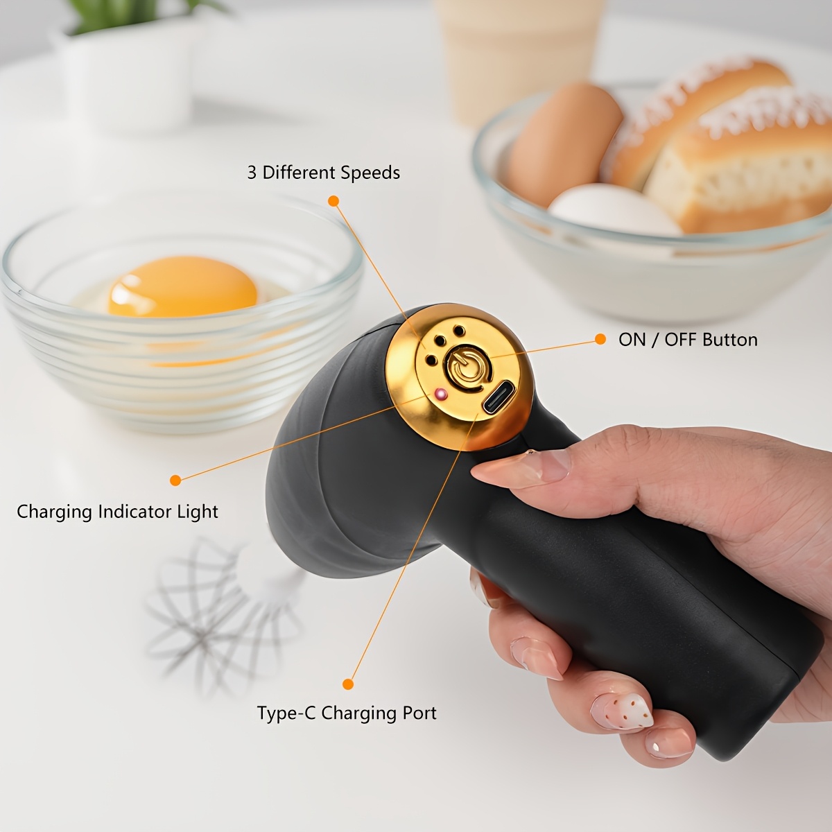 Batidora de Mano Eléctrica USB con 2 Cabezales - 3 Velocidades, Recargable, Ligera y Compacta para Hornear, Batir Huevos, Crema, Batidos - Ideal para Hogar, Decoración de Pasteles (USB)
