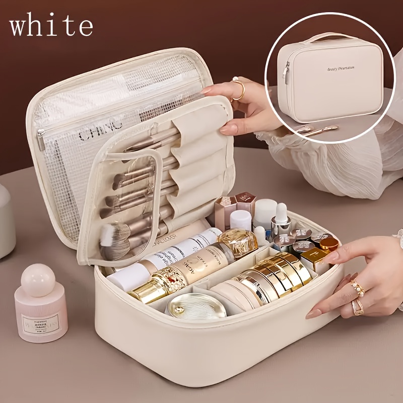 large-capacity multi-tier cosmetic organizer case with detachable brush storage - synthetic leather-like texture makeup bag with golden-tone hardware, beige & black travel beauty storage box with multiple compartments & top opening - unisex portable organizer for  ,   makeup organizer for daily use or travel, durable & stylish design with golden-tone hardware & zippered closure, makeup organizers and storage, colorful cosmetic bag, Product details 7