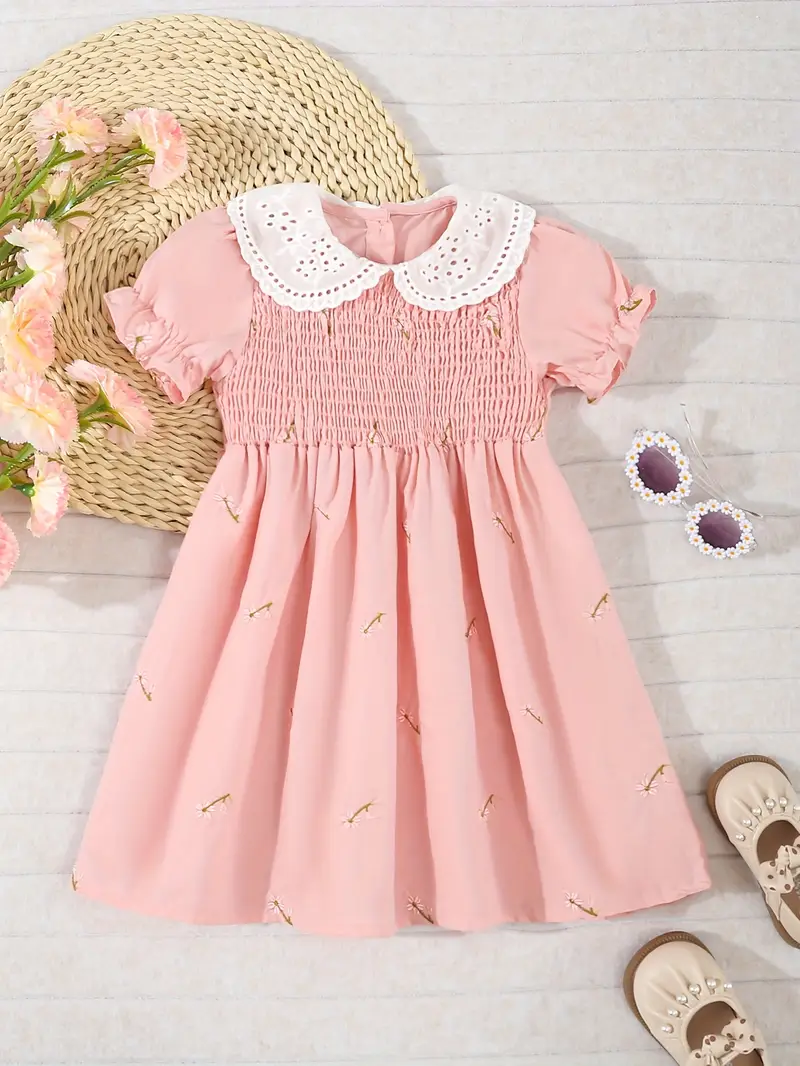 Baby Girl Woven Cotton Embroidered Fabric Short Sleeved Cable Tied Dress Baby Girl Woven Cotton Embroidered Fabric Short Sleeved Cable Tied Dress