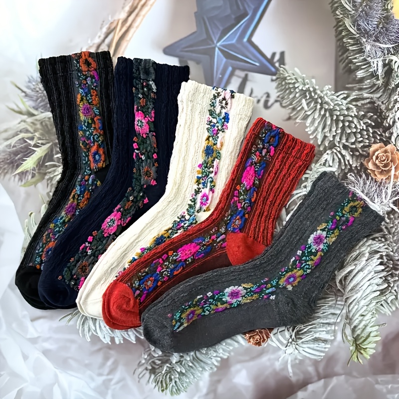 

5pcs Vintage Floral Mid-calf Socks For Women, Cozy & Stylish Knit With Elastane , Machine Washable, Cute Socks