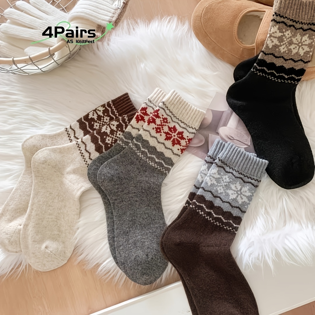 TEMU 4 Pairs Mixed Pack Women's Warm Mid-calf Socks For Autumn And Winter, Soft Knitted Socks With Nordic Snowflake Pattern, Casual Comfortable