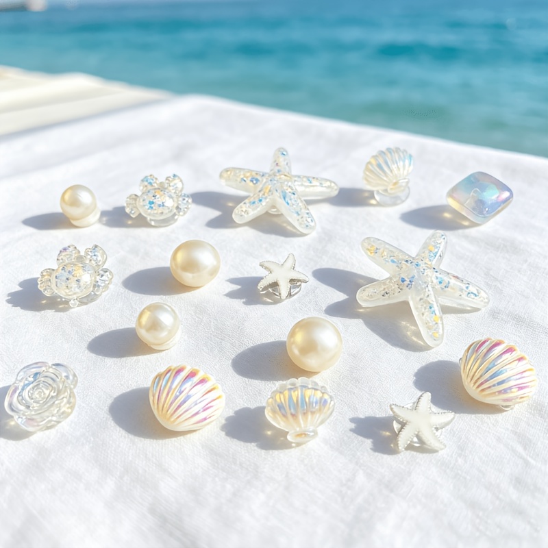 Image of 16pcs Glittery Starfish Crab & Seashell Shoe Charms - Ocean-themed Beach Decorations Suitable For Sneakers,, - Nautical For &, Gift For Beach Parties, Summer Footwear Decorations
