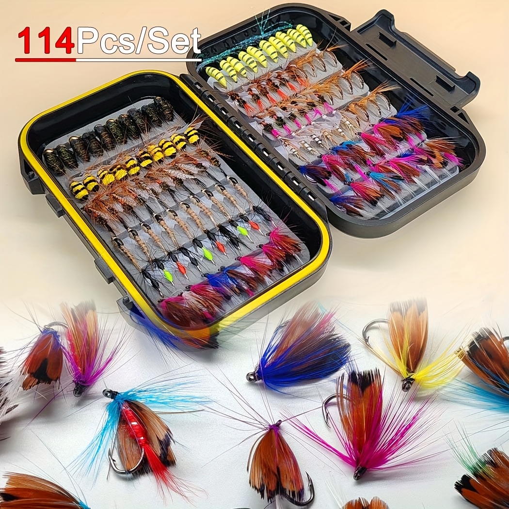 TEMU Conjunto de 114 piezas con de Moscas Surtido de y Streamers para Pesca con Caña, Anzuelos para Trucha, , Salmón y Acero - Material Pluma