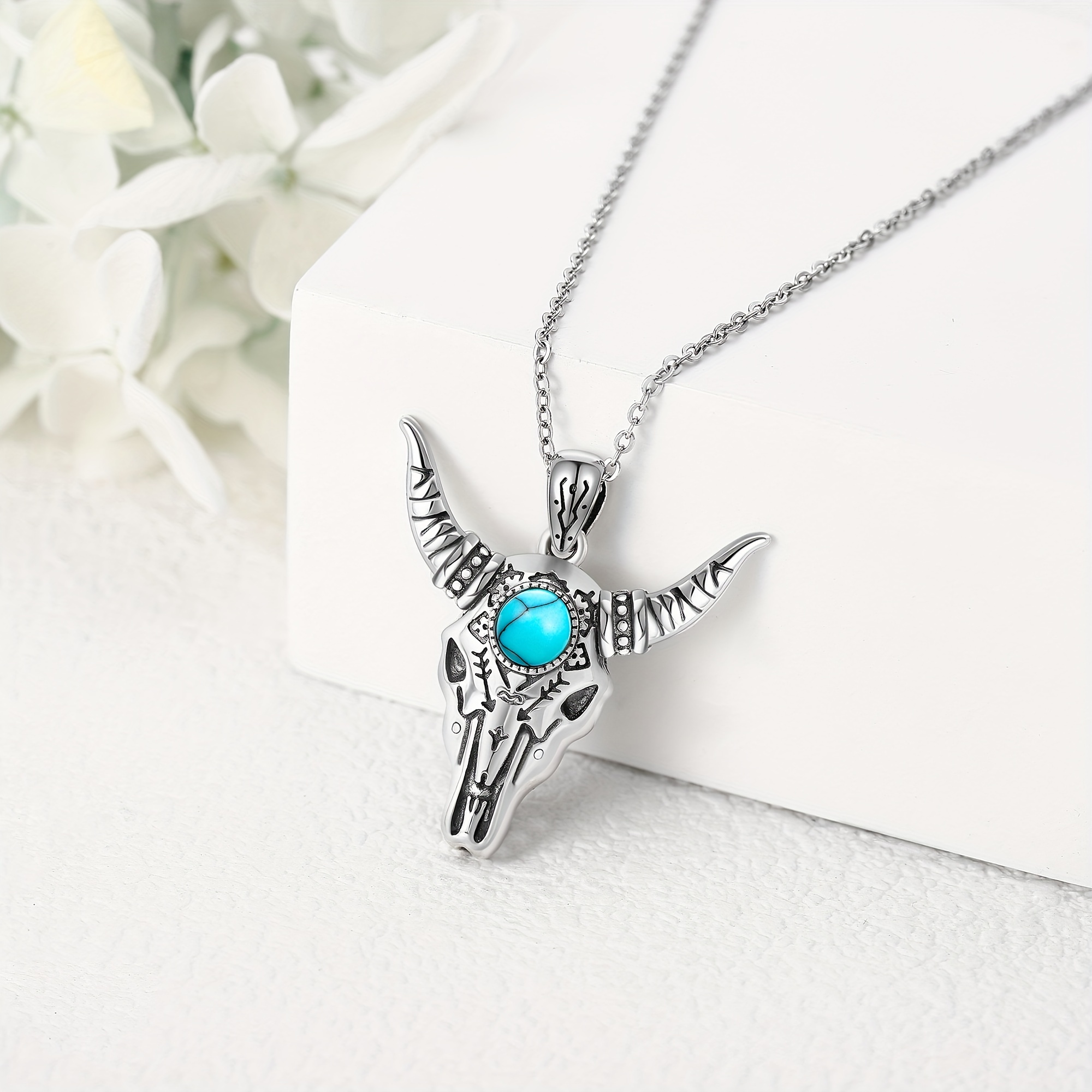 Bull Skull Necklace, 925 Sterling Silver Boho Pendant