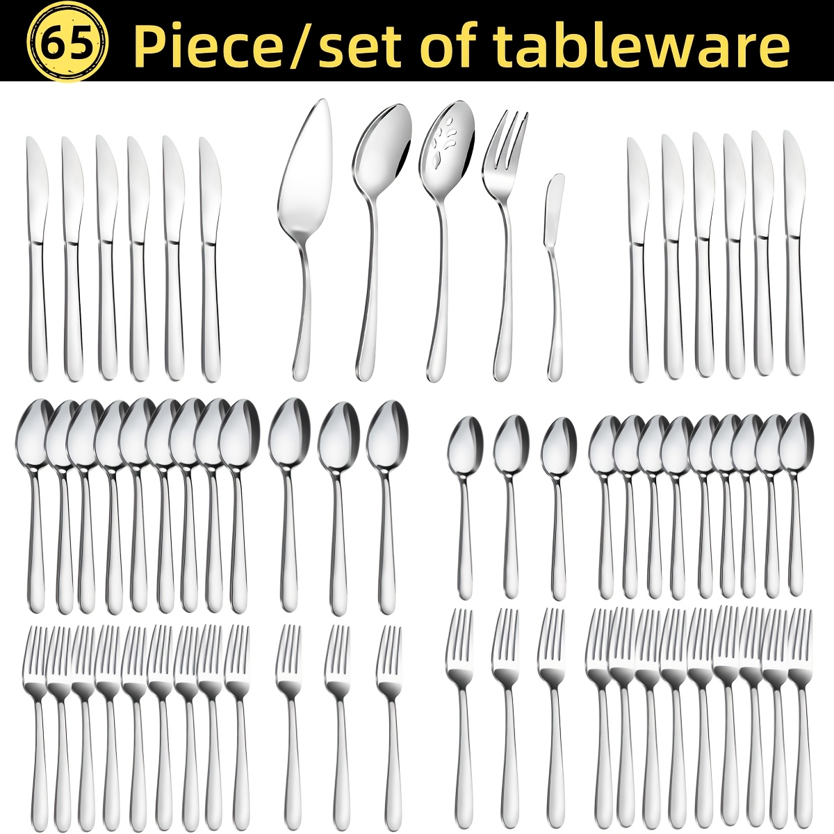 TEMU 65pcs Stainless Steel Tableware Set, Including 5pcs Of Public Tableware+60pcs Of Knives, Forks, Spoons, Western Tableware, Party, Restaurant