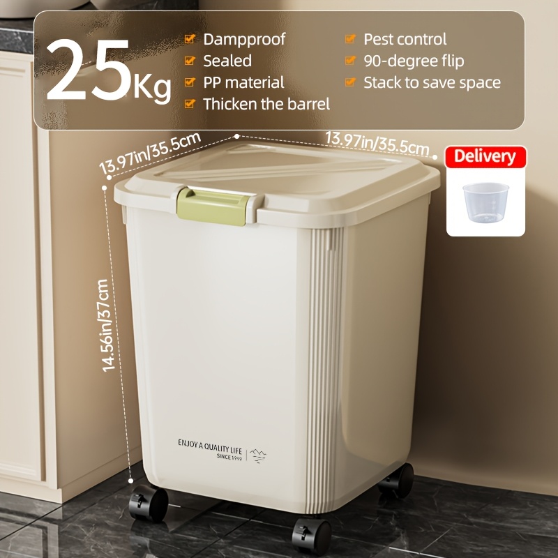 Image of Versatile Rolling Rice & Grain Storage Container With Measuring Cup - 33l/44l Capacity, Moisture-proof & Insect-resistant Seal, Ideal For Kitchen Organization, For Autumn
