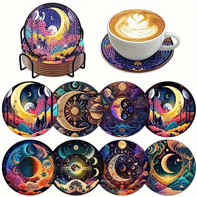 

8pcs Mystical Moon Art Coasters Peacock Artificial Diamond Art Painting Coasters Kits, With Holder Peacock Diy Coasters Coasters For Beginners, Adults, Artificial Diamond Art Crafts Supplies