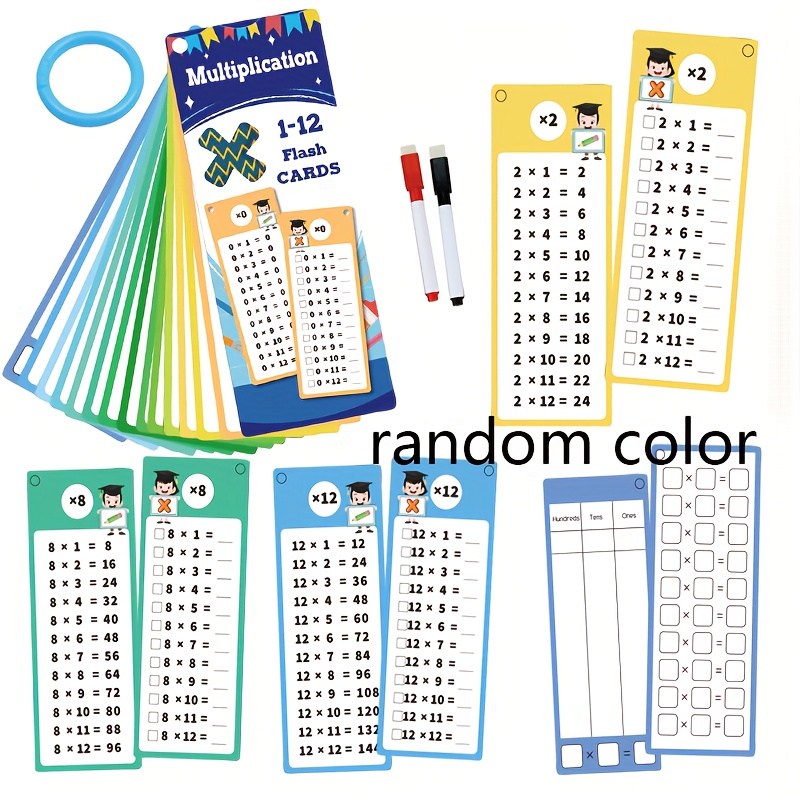 Random Color 15 Cards Multiplication Table Charts, Educational Math Flashcards For Home Learning And School Supplies - Mixed Colors, Paper
