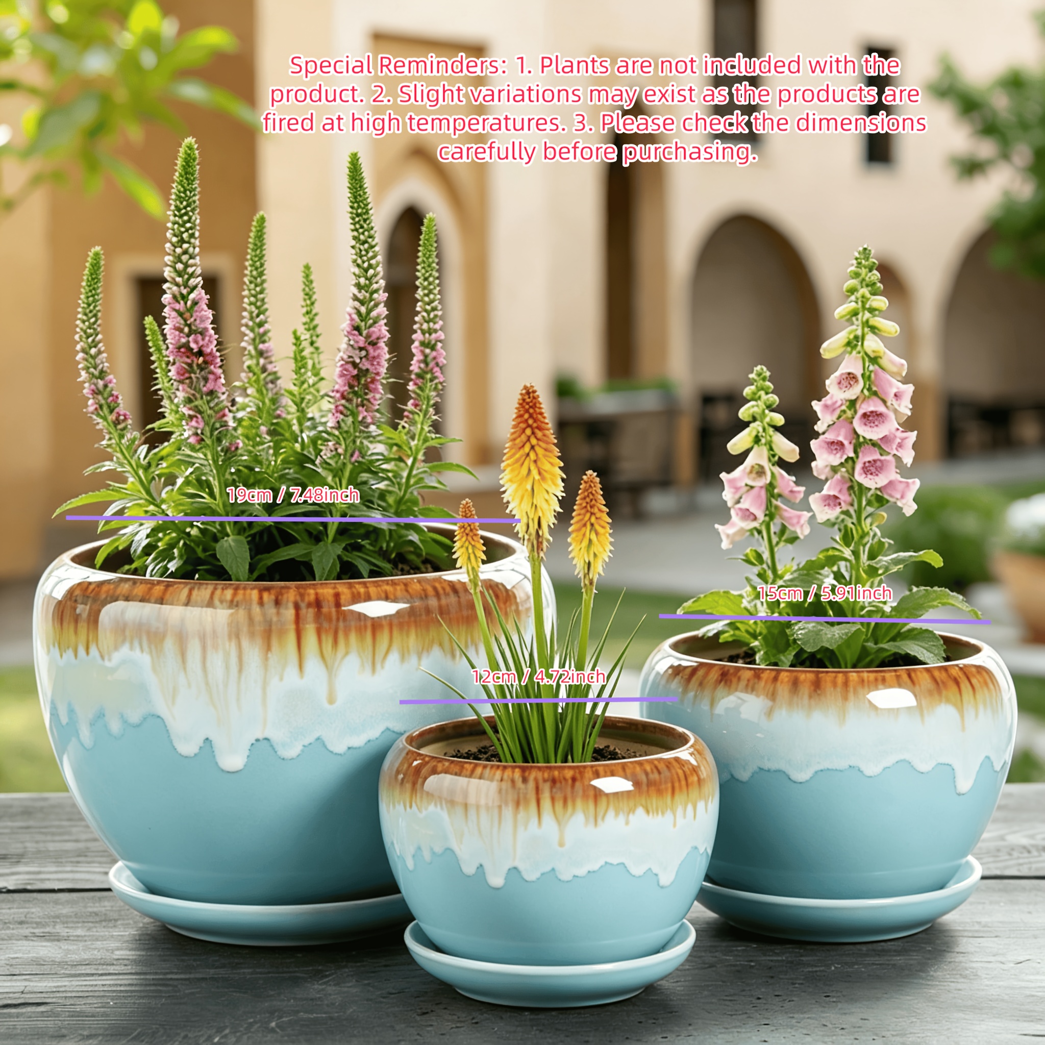 TEMU 3pcs Premium Handmade Ceramic Flower Pots With Drainage Holes, Gradient Blue And Brown Glaze Planters, Large Medium Small Size For Succulents
