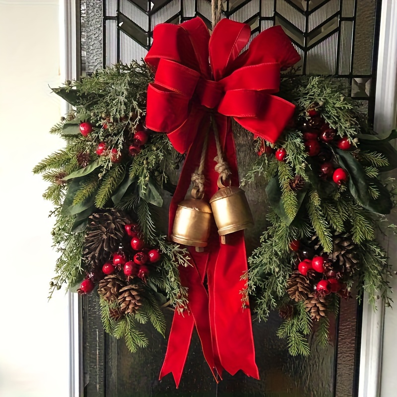 * Eleganter rustikaler Weihnachtskranz mit goldenen Glocken & * – Türkranz * für Weihnachts-, Winter-, Thanksgiving-Dekor – Kunststoffkranz mit hängenden Glocken, ganzjährige Türdekoration Halloween
