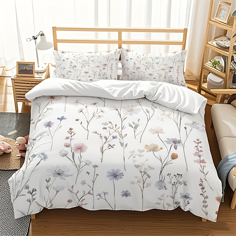 E-shop 3-teiliges Bettbezug-Set, elegantes botanisches Blumendruckmuster, lässiger und eleganter Stil, inklusive 1 Bettbezug und 2 Kissenbezüge