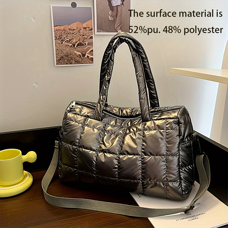 

Chic Lightweight Puffer Tote Bag For Women - Spacious, Adjustable Strap, Zip Closure, Nylon With Polyester Lining