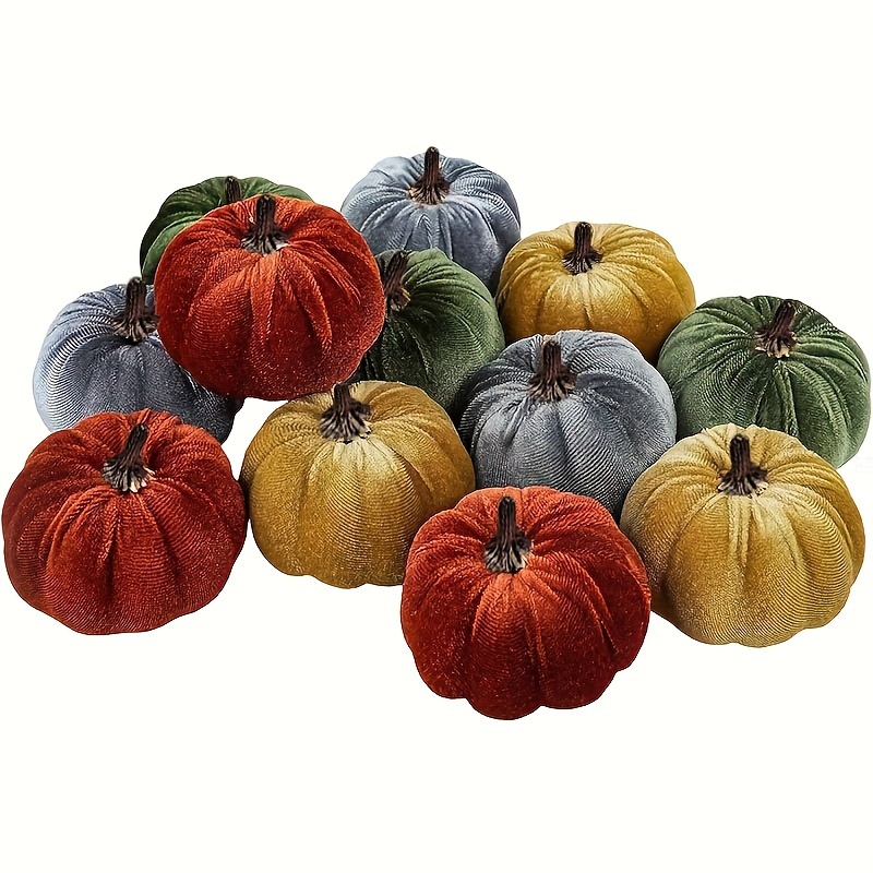 

12-pack Fabric Artificial Pumpkins - Assorted Velvet For Thanksgiving, , Fall Wedding - No Electricity Needed, Seasonal Table Centerpiece & Farmhouse Decor