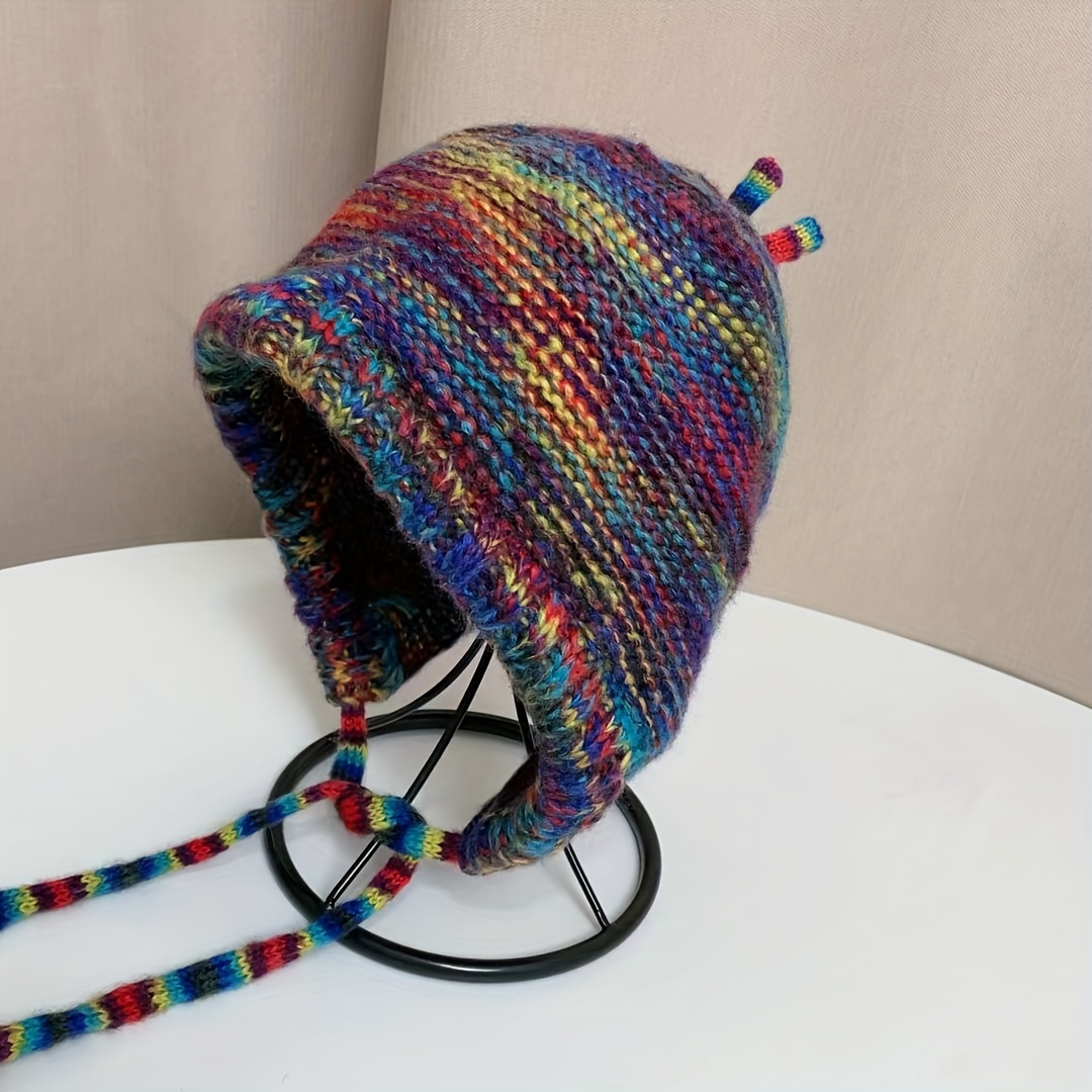 TEMU Rainbow Knit Beanie Hat For Women - Soft Polyester, Hand Washable, Non-stretchy, Collapsible Design