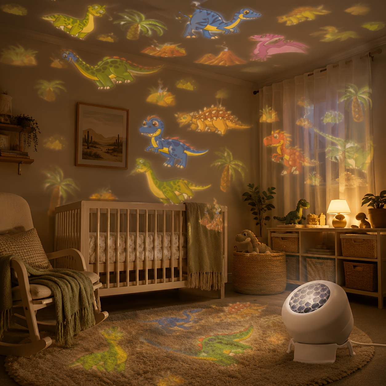 Dinosaur Themed Dynamic Projection Lamp, Dinosaur Forest Elements, USB Plug In, 360° Rotation for Dreamy Light Effects, Soft Light, Applicable to Bedroom, Living Room, Birthday Parties, an Excellent Gift