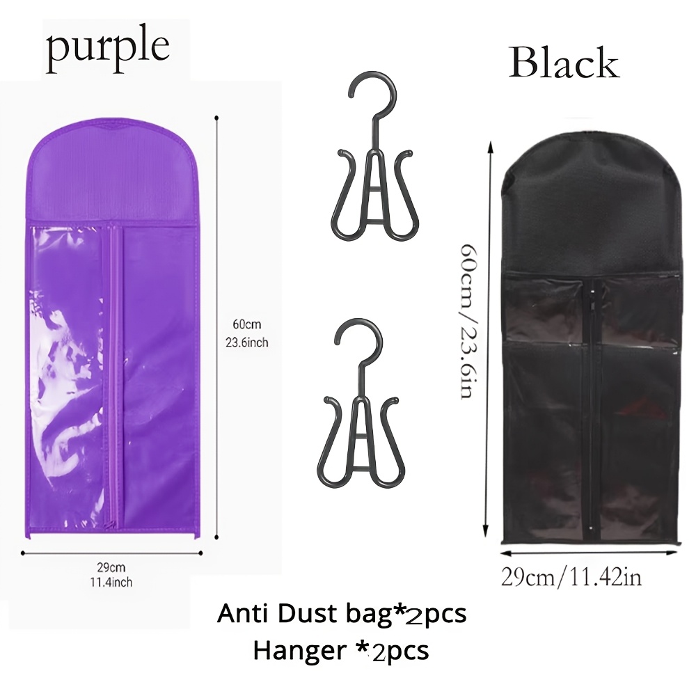 TEMU 4pcs Wig Storage Bag Set, Including 2 60cm Storage Bags And 2 Hooks, In A Purple And Black Combination. Suitable For Wig Storage, A Portable Wig