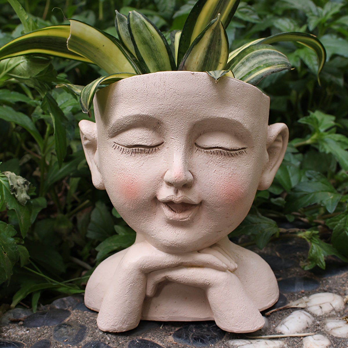 Gesichts-Blumentopf, Menschliches Kopf-Blumentopf, Geschlossener Augen-Sukkulenten-Blumentopf, Niedlicher Harz-Kaktus-Blumentopf mit Drainageloch, Frühlings-Garten-Gartenhof-Veranda-Dekorationsornamen