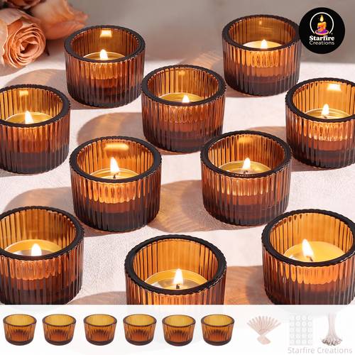 56pcs amber glass candlestick cup accessory set with 6 candlesticks 50 production supplies 20 wicks 20 stickers 10 holders suitable for candle making weddings parties table centerpieces glass holders