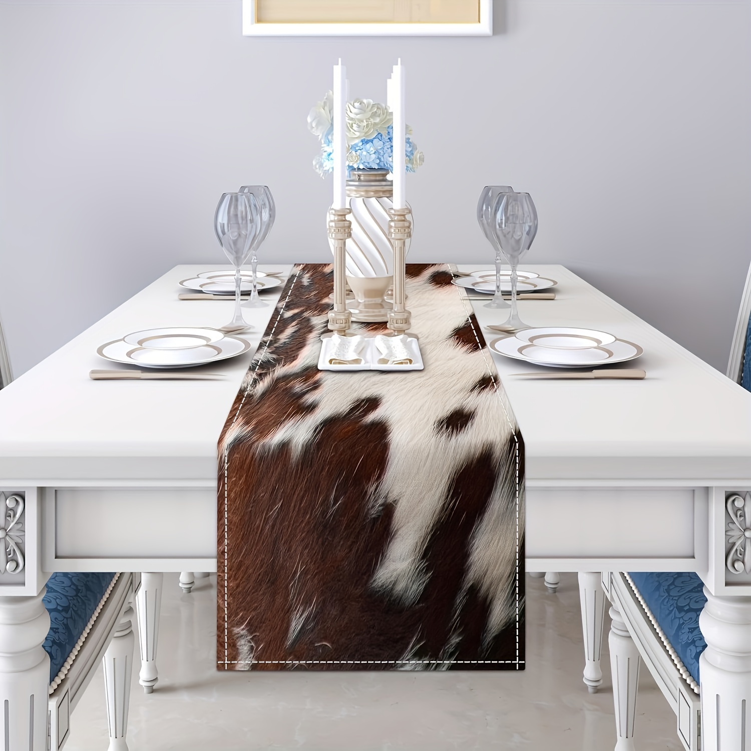 

Rustic Farmhouse Cowhide Pattern Table Runner - 100% Polyester, Woven Rectangle Design In - Perfect For Kitchen Dining Decor