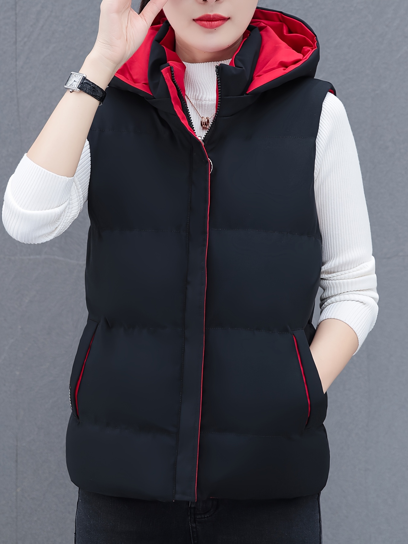 Chaleco con Capucha Forrado en Polar para Mujer con Detalles Rojos,  Poliéster Casual de Invierno, Cremallera Delantera, Bolsillos