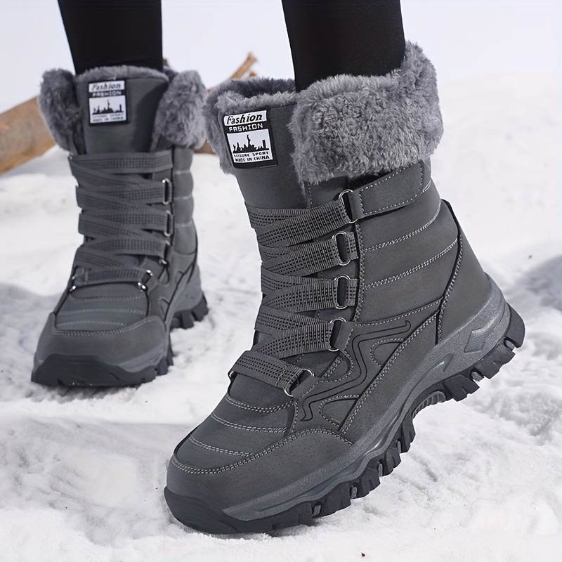 Women's Winter Snow Boots with Thick Traction Sole Fau -Like Collar  Round Toe Synthetic Upper, Grey/*-Proof for Ice Skating, Snow Walking,