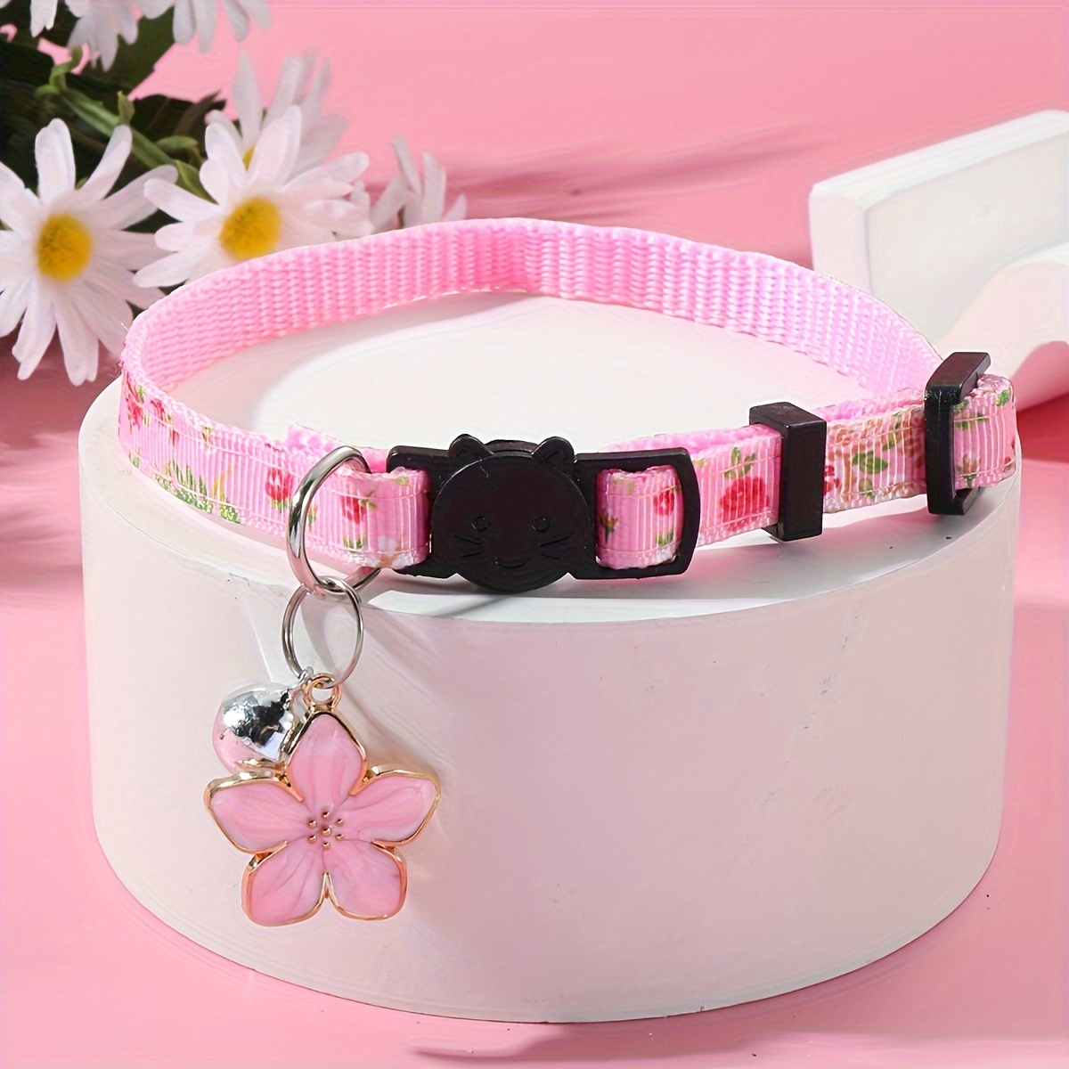 

Adjustable & Stylish Pink Floral Cat Collar & Star Charm - Polyester, Breakaway Safety Design For Kittens, Kitten Accessories