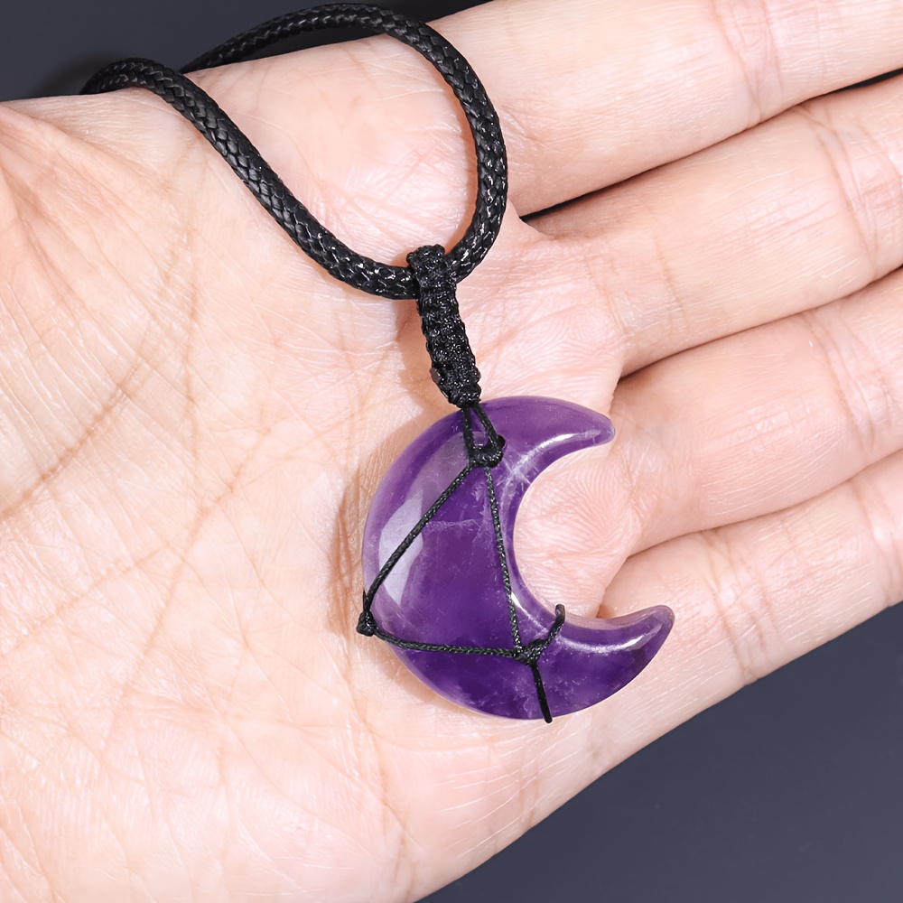 Natural Stone Moon Pendant Necklace, Adjustable Wax Rope