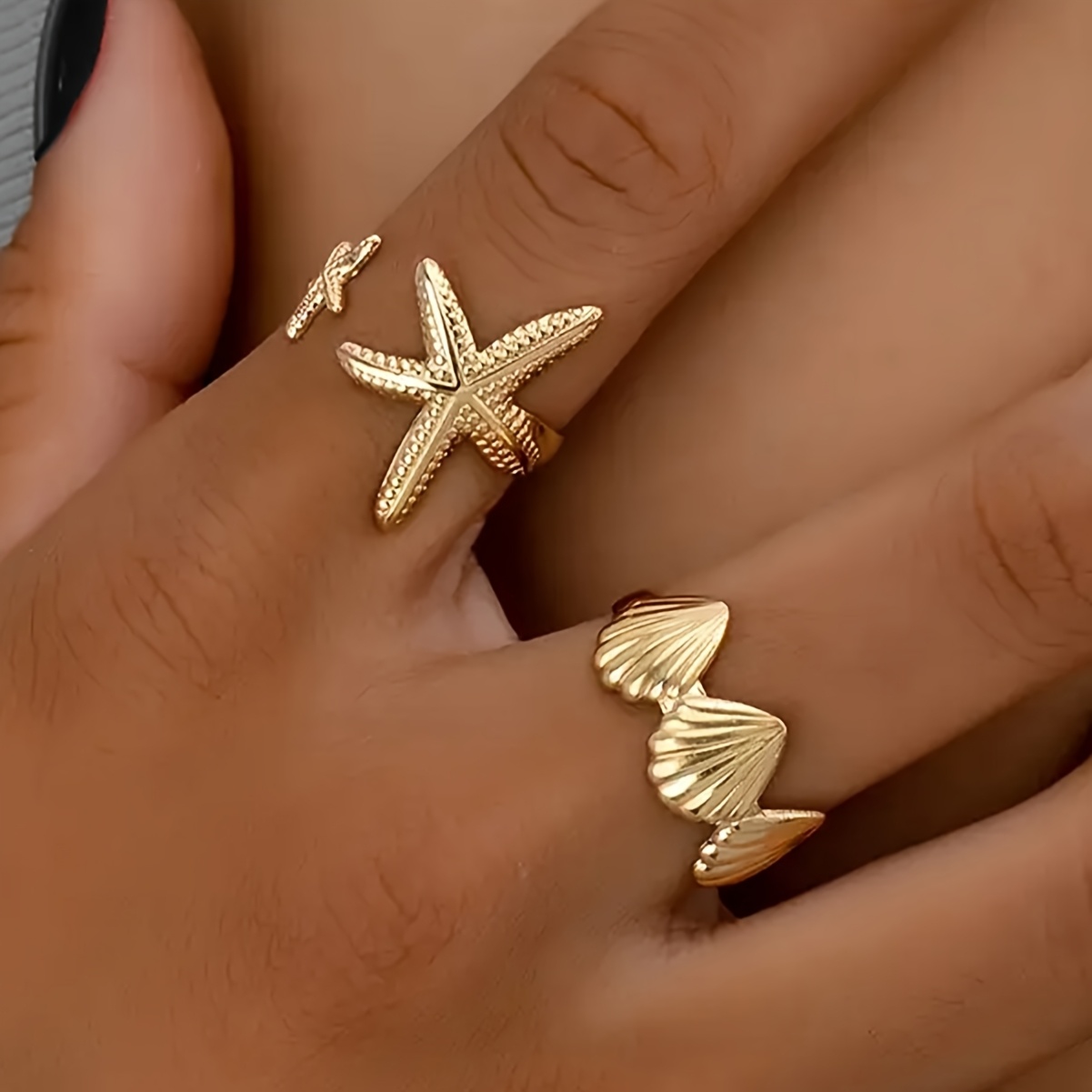 2pcs/set Ocean-themed Seashell And Starfish Open-end Rings For Women, Suitable For Beach Vacations
