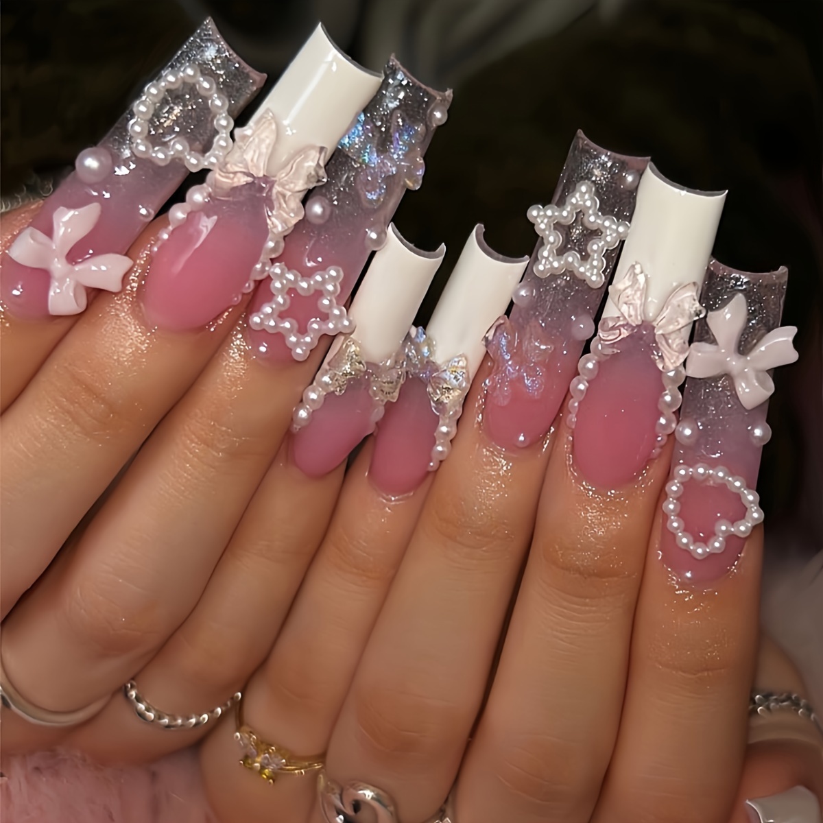 

24-piece Pink Long Square Nail Tips Set - Glossy French Fade With Glitter, Hearts, Stars, And Butterfly Accents - Fashionable Artificial Nails With Nail File For Women