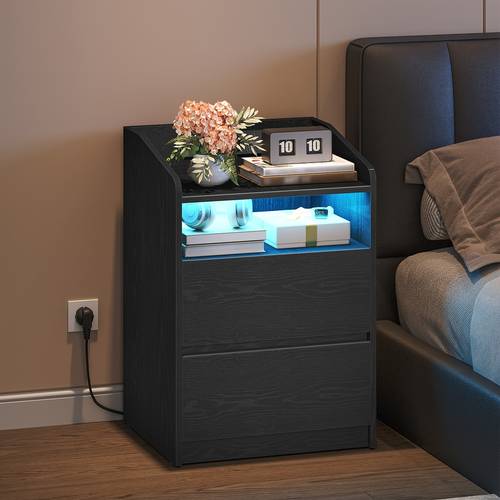 table de chevet, table dappoint avec 2 tiroirs, 2 prises ca, 2 ports usb-a, éclairage led, compartiment ouvert, moderne, chambre, salon, table de chevet, 35 x 40 x 58 cm