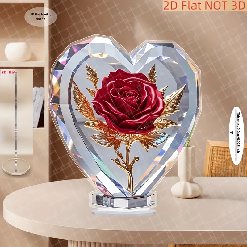 TEMU 2d Flat, 2d Flat Acrylic Sculpture With Red Rose & Engraved - Gift, Elegant Desk Decor For Home Or Office, High-quality Acrylic Desktop Decoration For , Heart Decor, Intricate