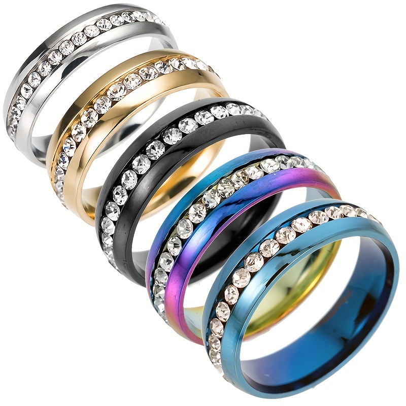 TEMU A Set Of 5 Stylish Rings Made Of 201 201 Stainless Steel, Featuring A Row Of Sparkling Synthetic Synthetic Zircon​​ Stones, Available In Silvery