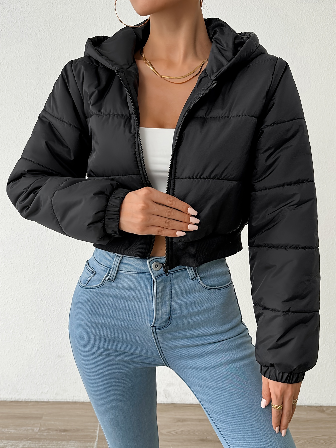 abrigo acolchado corto solo color abrigo exterior capucha Temu