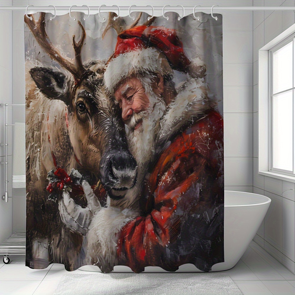 

1pc Vintage Holiday Reindeer Shower Curtain, Water-resistant Polyester Bath Curtain With Santa Claus And Moose Print, Machine Washable, Satin Weave, Includes 12 Hooks For Bathroom Decor (all-season)