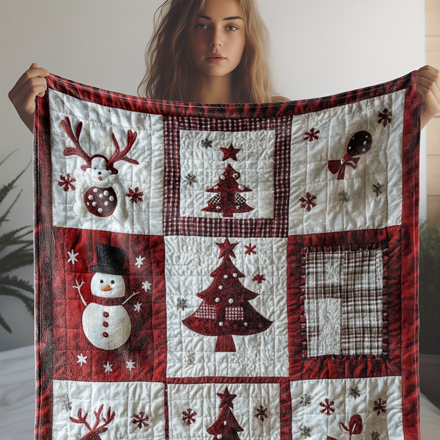 TEMU Cozy Vintage-style Flannel Blanket With Checkered , Snowman & Christmas - Soft, Warm, And Comfortable For Sofa, Bed, Car, Office, Camping, Travel - Ideal Gift