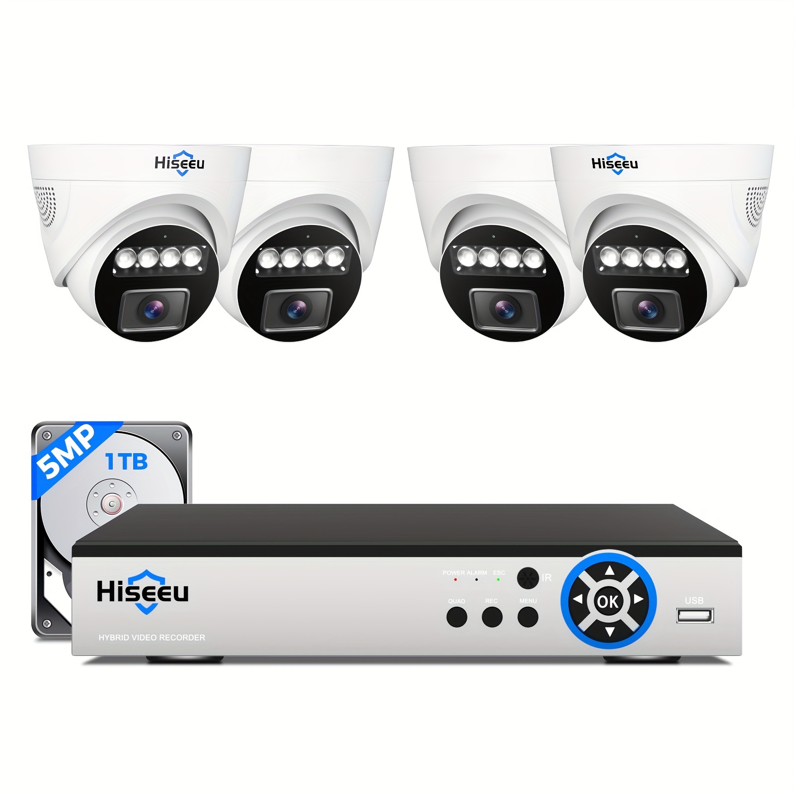 

Hiseeu 5mp Home , 4 Dome And Indoor Safety Cameras, 5mp Dvr Remote Access, Night Vision, 1tb Hdd, 7/24 Recording, Motion Alarms For Cctv Surveillance Dvr Kits