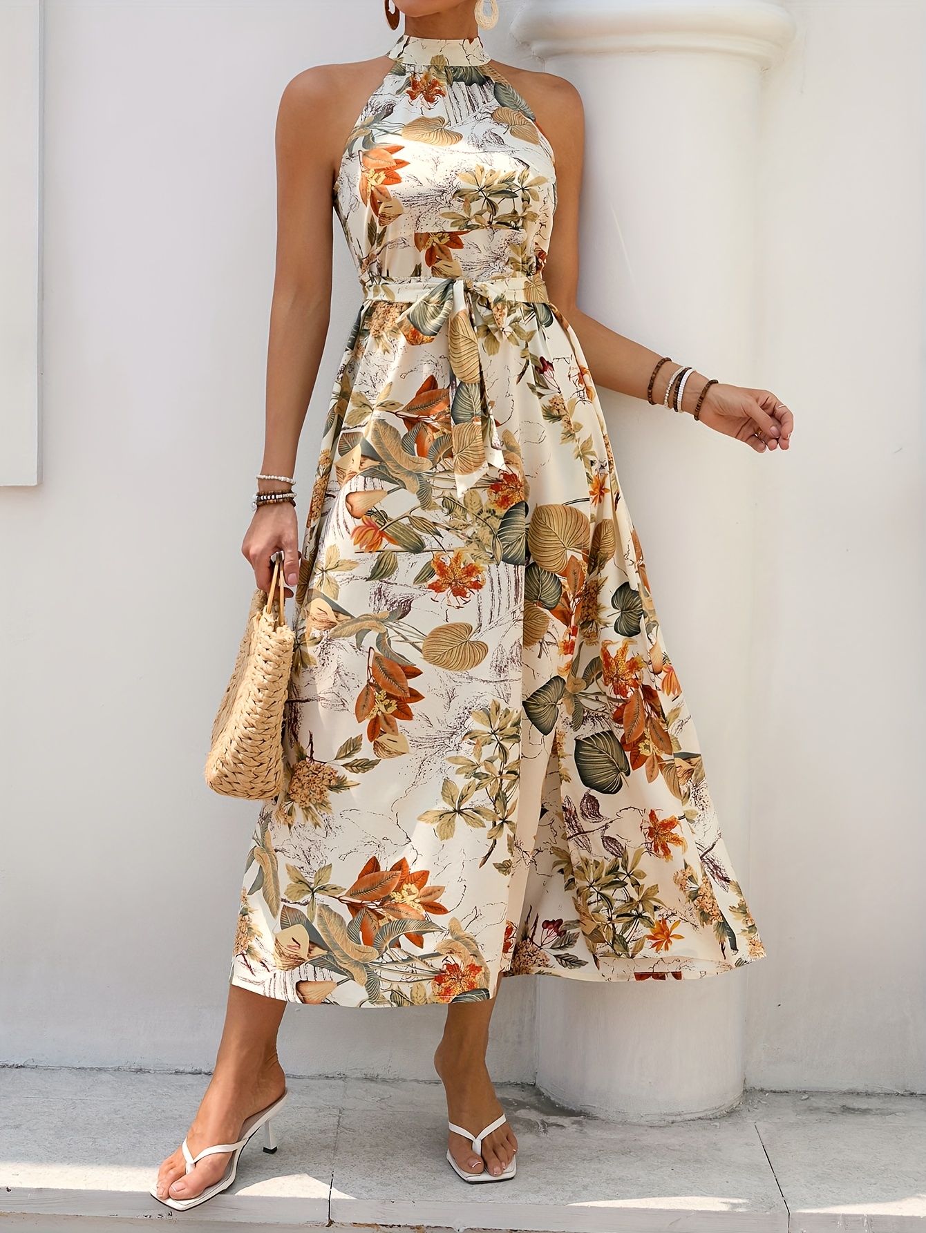 floral print halter neck dress, sleeveless trapeze dress for , women's  clothing - women's clothing - Temu