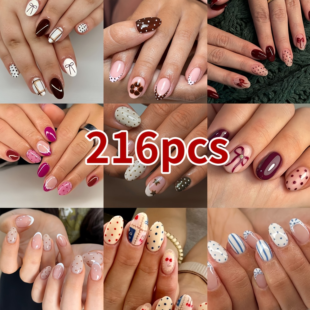 TEMU 216pcs (9-color Mixed) Short Oval Polka Dot Press-on Nail Set, Bow, Star And Floral Patterns, French Acrylic Nail Stickers, Includes 1pc Jelly