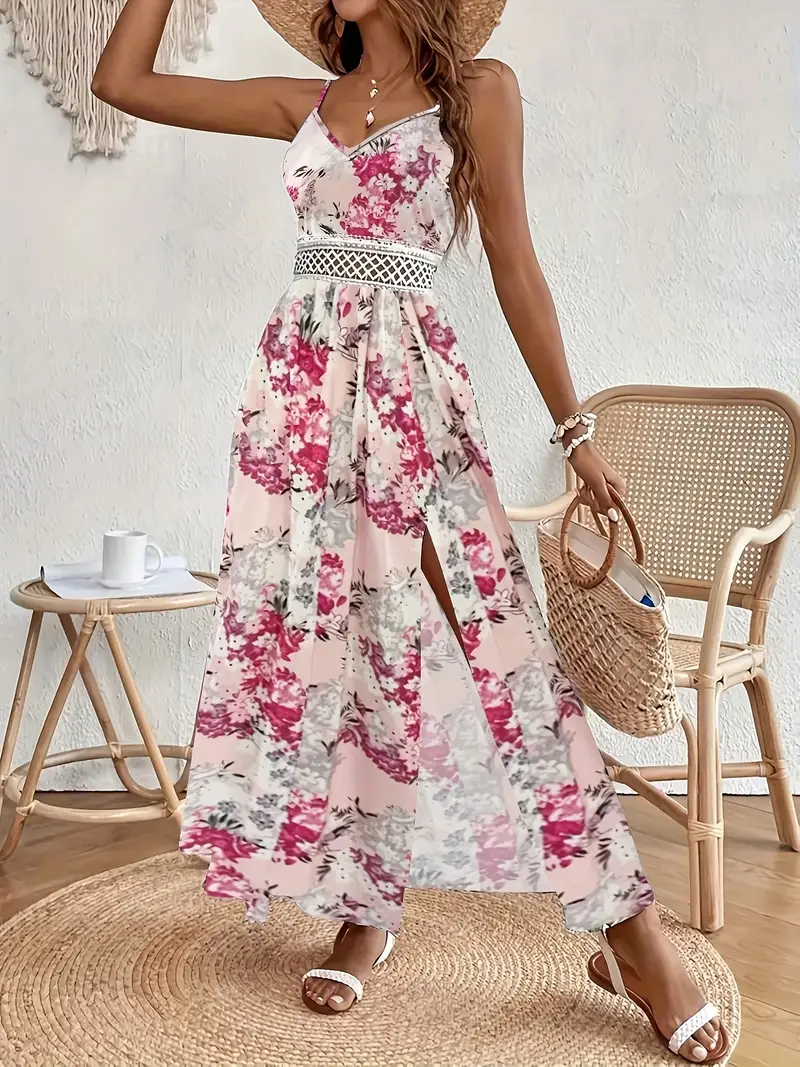 elegant floral print maxi dress lace detailing v neck - Temu Mauritius elegant floral print maxi dress lace detailing v neck - Temu Mauritius