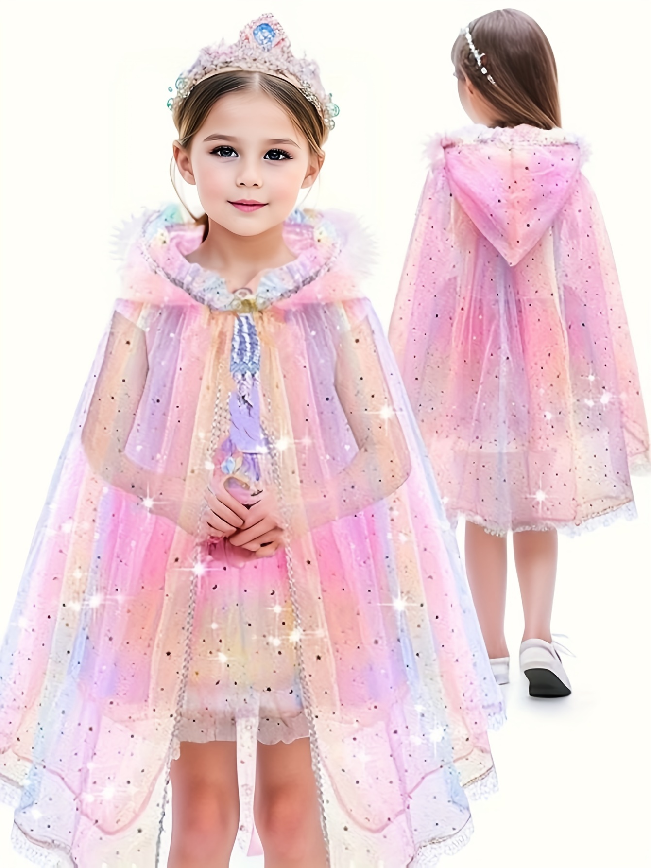 Cape princesse fille, coloré Cape Princesse Déguisement paillettes  scintillantes en tulle Cape de Princesse déguisement de princesse Halloween  avec baguette de fée pour les filles de 6 à 10 ans : 