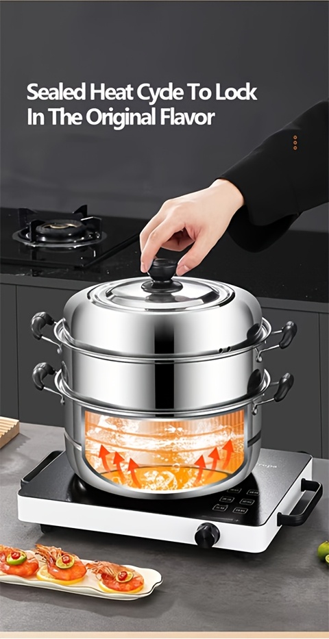 versatile 3 tier stainless steel steamer set with lid   bread   compatible with induction gas stoves   cookware electric stove soup pot cooking essentials details 5