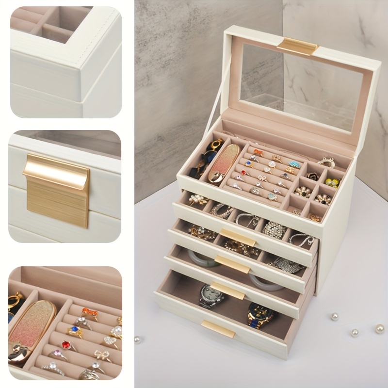 4 layer octagonal   leather jewelry organizer with transparent drawers ring earring necklace storage box soft lined compartments golden handles polished   for dresser or desk elegant gift for mother s day valentine s thanksgiving jewelry organizer storage synthetic   leather look jewelry boxes Product details 1