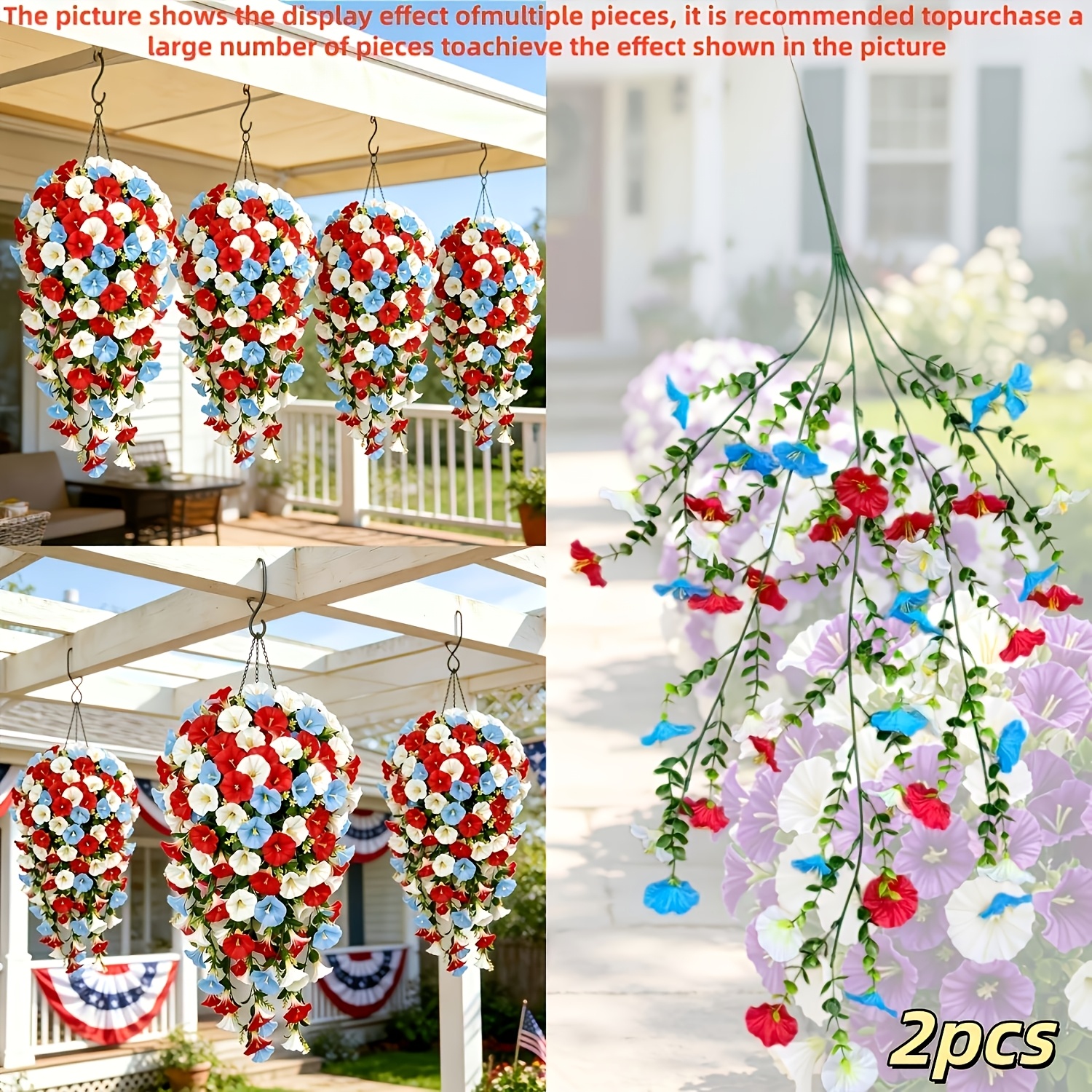 TEMU 2pcs Large Patriotic Artificial Flowers, Fake Hanging Vines For , Memorial Day, Wedding Arch, Indoor Outdoor Garden Decor