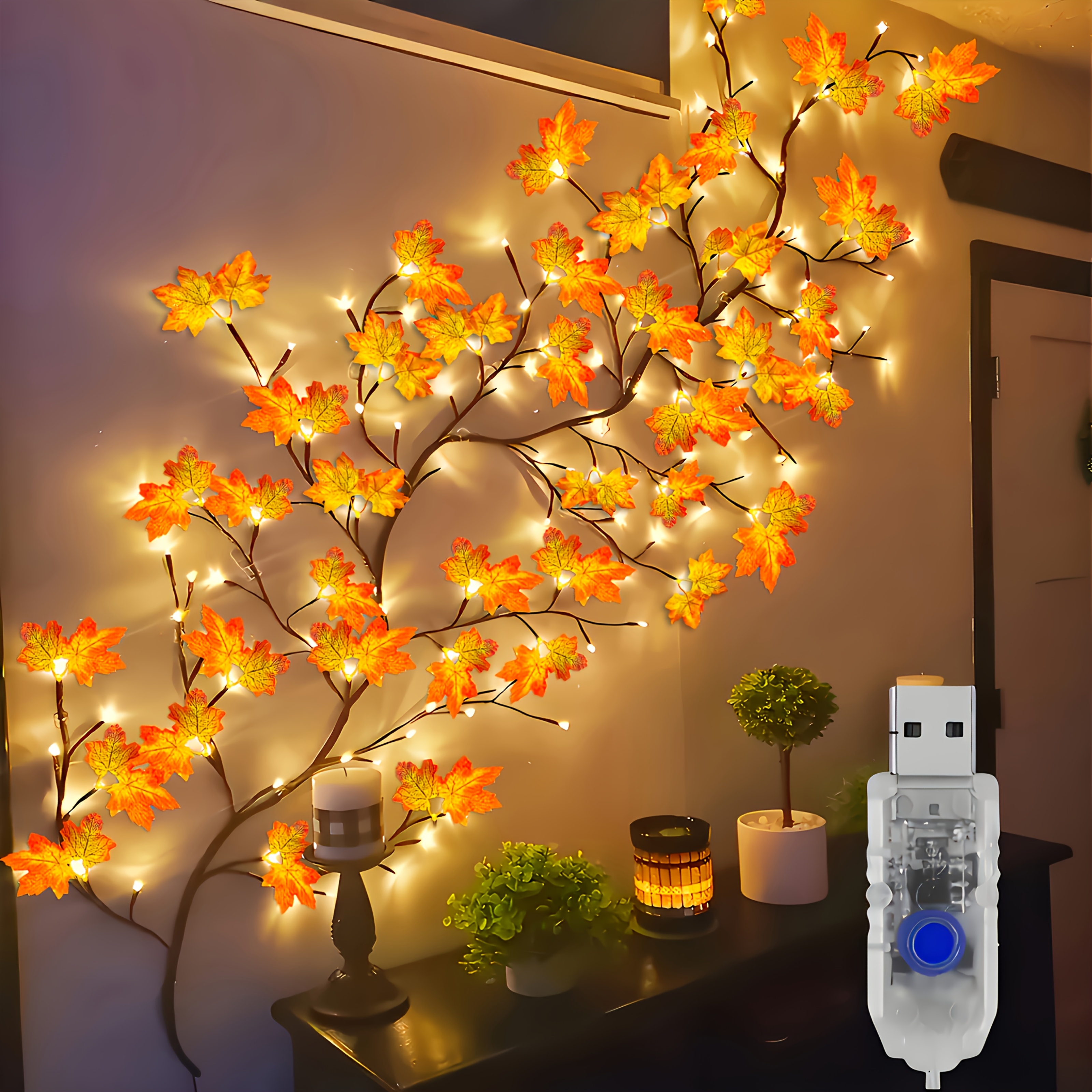 TEMU 1pc 96 Led Maple String, Usb Power Supply, Indoor Decoration With Leaf Vine, Suitable For Bedroom, Living Room, Party, Christmas, Thanksgiving,